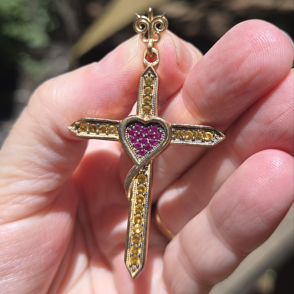 Citrine & Ruby Sterling & Gold Cross W/heart Pendant - Picture 3 of 9